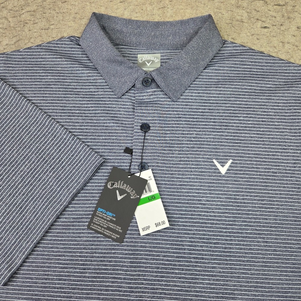 Callaway OptiDri Golf Polo Shirt Men L Blue Striped Short Sleeve Performance NEW